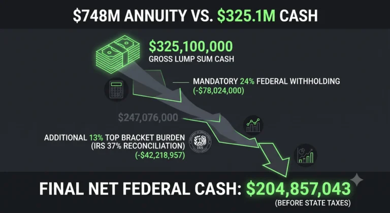 Infographic presented in a charcoal and neon green dark-mode style, visualizing the federal tax breakdown on the hypothetical August 3, 2026, Powerball $748 million jackpot ($325.1M cash value). A cascading waterfall chart shows the starting "$325,100,000 GROSS LUMP SUM CASH." Arrows deduct the "MANDATORY 24% FEDERAL WITHHOLDING (-$78,024,000)" and then the "ADDITIONAL 13% TOP BRACKET BURDEN (IRS 37% RECONCILIATION) (-$42,218,957)". The final, emphasized bright green number is "FINAL NET FEDERAL CASH: $204,857,043," with a disclaimer "(BEFORE STATE TAXES)" at the bottom.