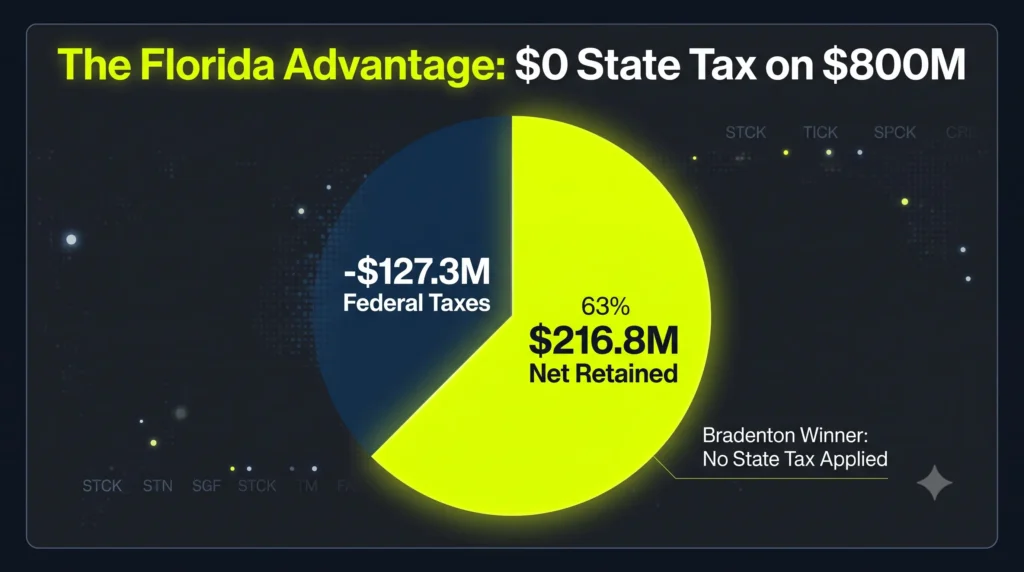 A high-fidelity pie chart in sleek midnight blue and neon yellow illustrating the $344.2 million Mega Millions cash option. A 37% midnight blue slice represents $127.3 million dissolving into federal taxes. A glowing neon yellow 63% wedge emphasizes the $216.8 million remaining, protected entirely by Florida's 0% state income tax. Bold text overlay reads: "The Florida Advantage: $0 State Tax on $800M."